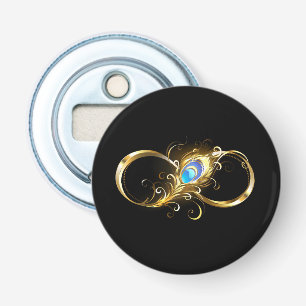 Oneindig met gouden pauwenveer button flesopener