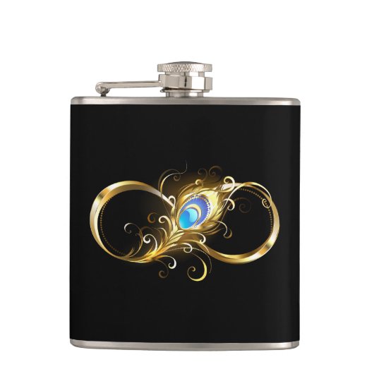 Oneindigheid met gouden pauwenveer heupfles (Voorkant)