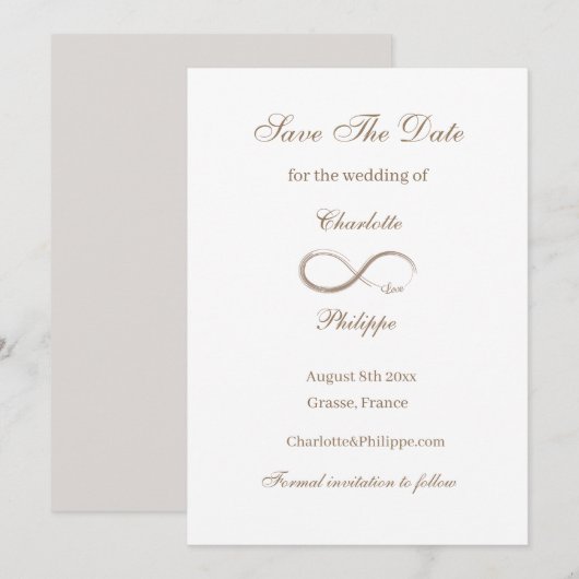 Oneindigheidssymbool Goud Witte Save The Date Trou Kaart (Voorkant / Achterkant)