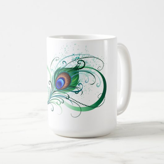 Oneindigheidssymbool met pauwveer koffiemok (Voorkant rechts)