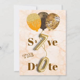 Ongebruikelijke 70e verjaardag glitter ballonnen e save the date