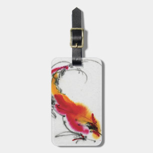Ongebruikelijke Rooster. Calligrafie en waterverf. Bagagelabel