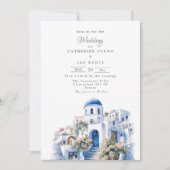 Ongerepte Blauw en Wit Santorini Bruiloft Kaart (Voorkant)