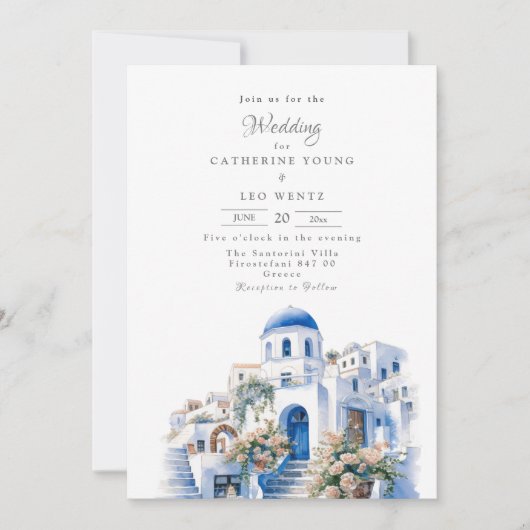 Ongerepte Blauw en Wit Santorini Bruiloft Kaart (Voorkant)
