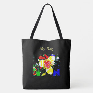 ongewoon zwart met geel en rood bloempatroon draagtas