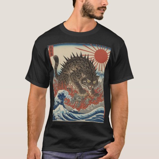 Oni Cat Surging Waves Ukiyo-e Sunrise T-shirt (Voorkant)
