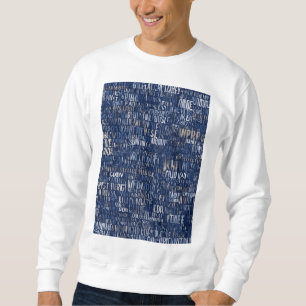 Onleesbare rommelige woorden navy blauw kleuren trui