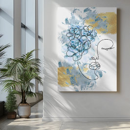 Online face art Blauw water pijn bloemen goud Canvas Afdruk
