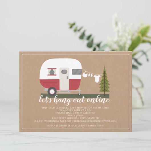 Online Rode Trailer Camper Woodland Baby shower Kaart (Staand voorkant)