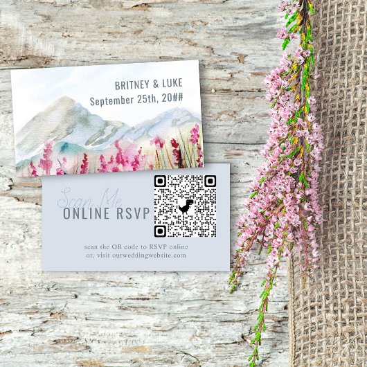 Online RSVP QR Code Mountain Meadow Wedding Enclos Informatiekaartje