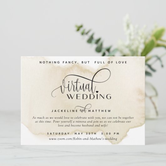 Online Virtual Wedding, Sand Tan Waterverf Save The Date (Staand voorkant)
