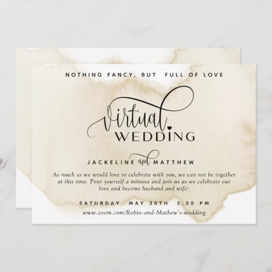 Online Virtual Wedding, Sand Tan Waterverf Save The Date (Voorkant / Achterkant)