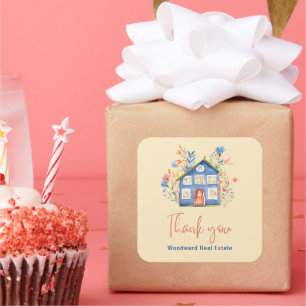 Onroerend goed Dank u   Waterverf Huis Bloemen Vierkante Sticker