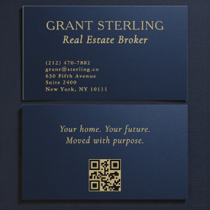 Onroerend goed Navy Blue Gouden Metallic QR-code Visitekaartje