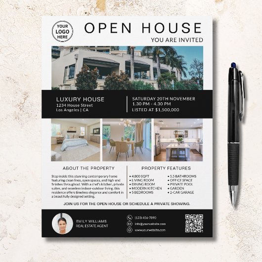 Onroerend goed Open Huis Logo Foto QR Wit Flyer