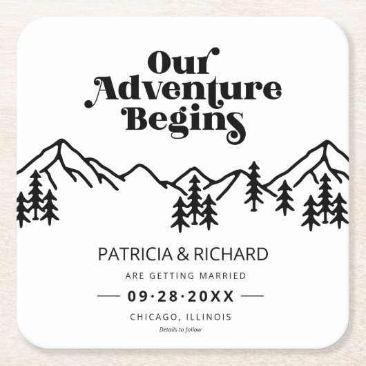 Ons Avontuur Begint Buiten Trouwen Bewaar De Datum Vierkante Kartonnen Onderzetter (Voorkant)