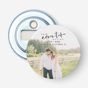 Ons avontuur begint de Foto van het Manuscript spa Button Flesopener