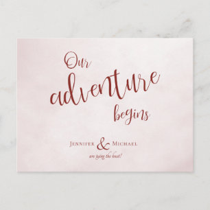 Ons avontuur begint met maroon calligrafie bruilof aankondigingskaart