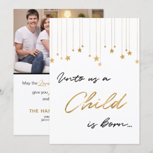 Ons Een kind wordt geboren met een gouden kerstkaa Kaart