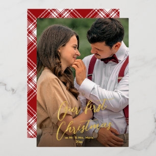 Ons Eerste Kerst Script Nieuwgetrouwd Naam Tartan Folie Feestdagenkaart