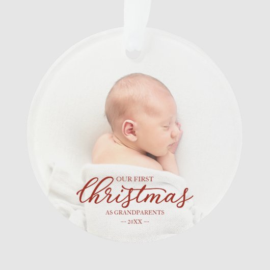 Ons eerste kerstfeest als grootouders rood script ornament (voorkant)