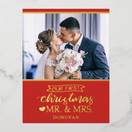 Ons eerste kerstfeest als Mr & Mrs newlyweds gold Folie Feestdagen Briefkaart