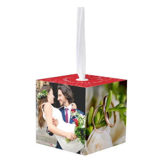 Ons eerste kerstfeest getrouwd 4 trouwfoto's kubus ornament (Achter hoekig)
