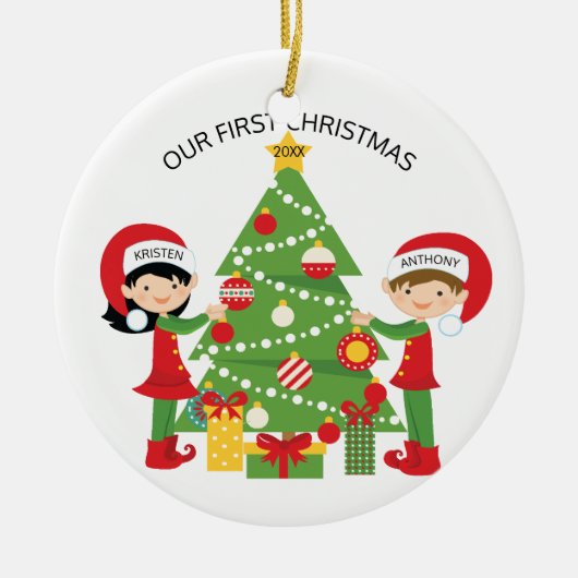 Ons eerste kerstfeest op maat keramisch ornament (Voorkant)