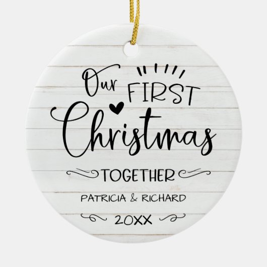 Ons eerste kerstfeest samen met Rustic Farmhouse Keramisch Ornament (Voorkant)