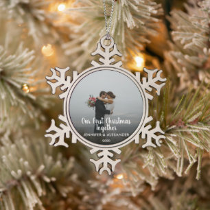 Ons eerste kerstfeest Together-koppel trouwde foto Tin Sneeuwvlok Ornament