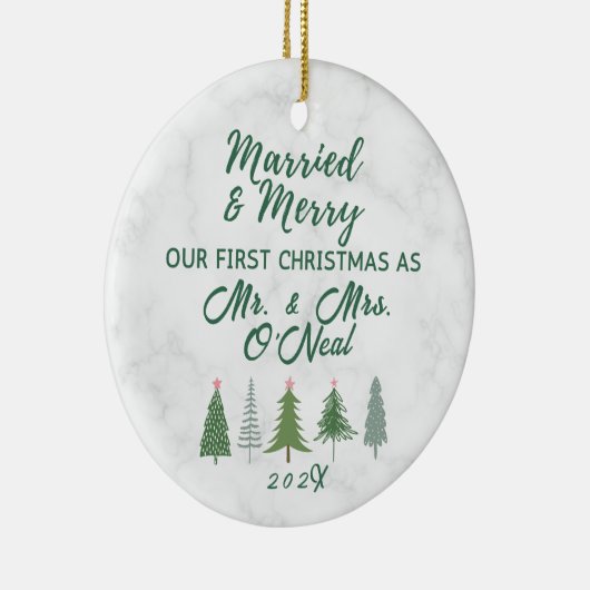 Ons eerste kersthuwelijk en Merry Keramisch Ornament (Rechts)