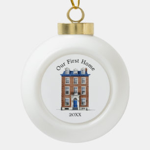 Ons Eerste Koloniale Bakstenen Rijtjeshuis Blauwe Keramische Bal Ornament