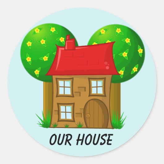Ons Huis Cartoon Huis en Bomen Ronde Sticker (Voorkant)