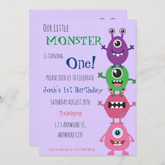 Ons kleine monster draait om een dag uitnodigen kaart (Voorkant / Achterkant)