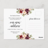 Ons nieuwe adres, bordeaux bloemen, aankondiging briefkaart (Achterkant)