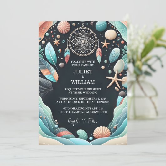 Ons Tribal Aqua Zand Werk Gestapeld Zeeglas Trouwr Kaart (Staand voorkant)