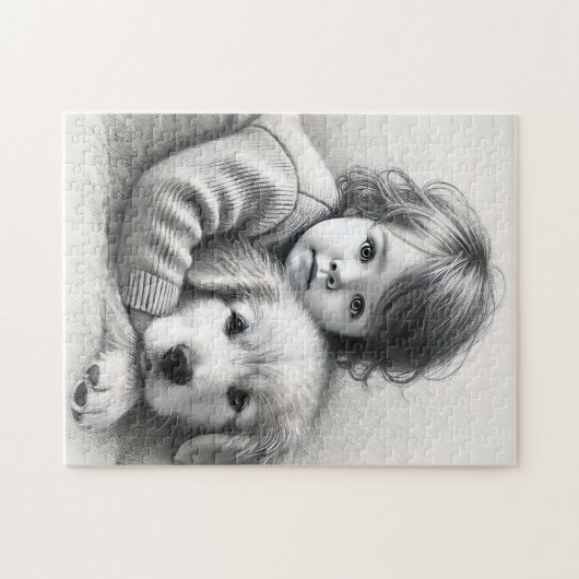 Onschuld van kind en hond vastgelegd schetseffect legpuzzel (Horizontaal)