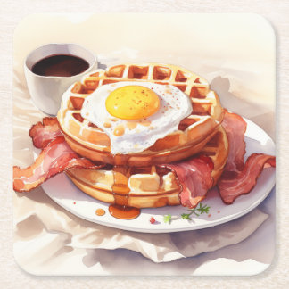 Ontbijt Ei Wafel Bacon Koffie Eten Foodie Vierkante Kartonnen Onderzetter
