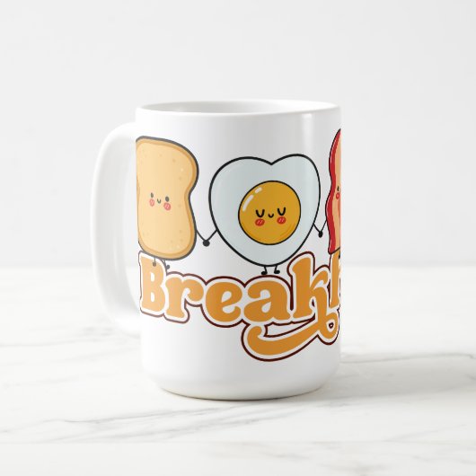 Ontbijt met toast, ei, spek en koffie koffiemok (Voorkant links)