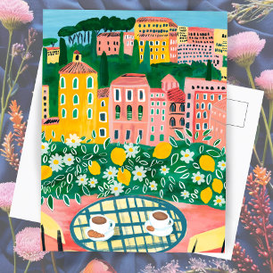 Ontbijt op het terras Whimsical City Painting Briefkaart