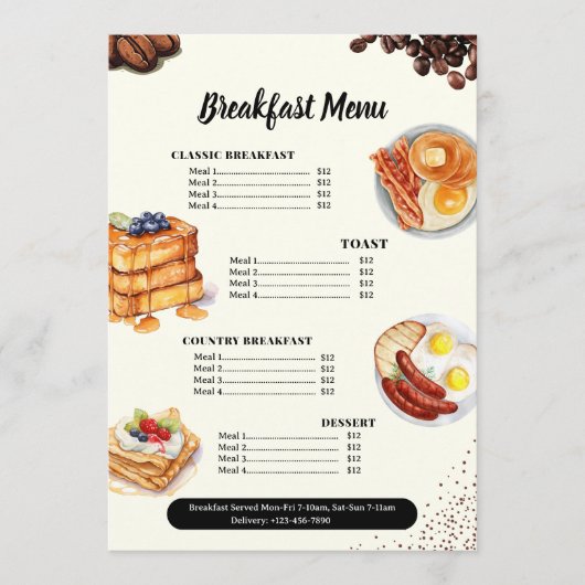 Ontbijtmenu, Restaurantmenu, Cafe Marketing  Menu (Voorkant)