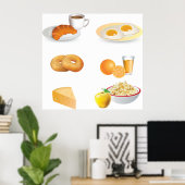 Ontbijtvoeding Koffie, Croissant, Eieren, Bagels Poster (Thuiskantoor)