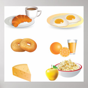 Ontbijtvoeding Koffie, Croissant, Eieren, Bagels Poster