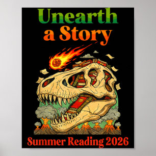 Ontdek een verhaal zomerlezen 2026 grappige dinosa poster