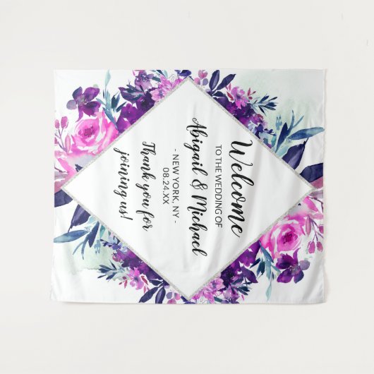 Onthaal ingeruilde Floral Paars Wedding Wandkleed (Voorkant (horizontaal))