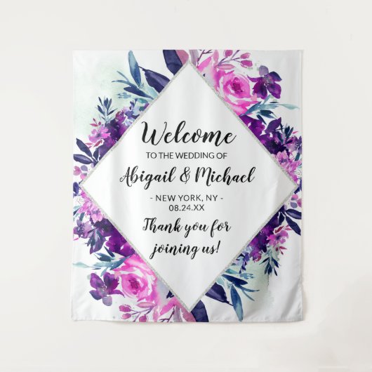 Onthaal ingeruilde Floral Paars Wedding Wandkleed (Voorkant)