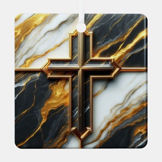 Onthulde zwart-wit marmeren kruis met goud metalen ornament (Achterkant)