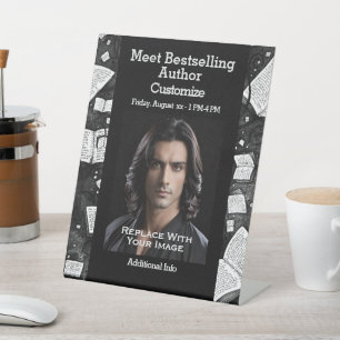 Ontmoet de auteur zwart-wit boeken reclamebord met voetstuk