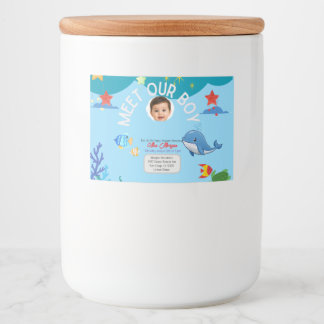 Ontmoet onze jongen baby shower uitnodiging- Onder Voedselcontainer Etiket