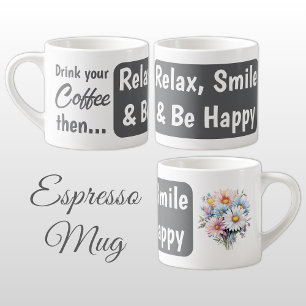 Ontspan glimlach wees blij gerbera bloemen grijs espresso kop